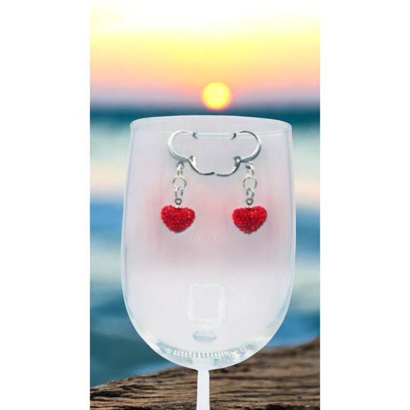 Handcrafted Huggie Hoop Earrings Featuring Red Rhinestone Hearts - Picture 7 of 9